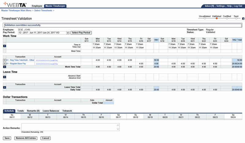Timesheet Validation Page - Validation Overridden